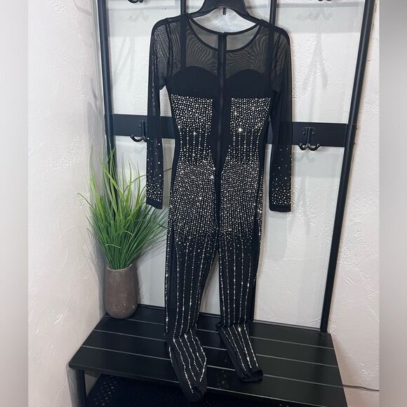 Jumpsuit Embellished W/ Rhinestones Black Mesh Size Medium - Picture 8 of 16